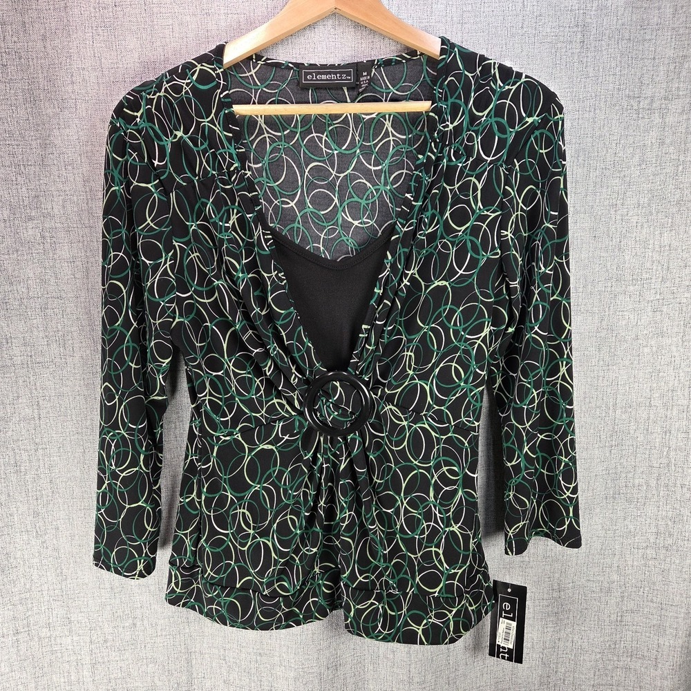 VTG Elementz Med Black Green Geometric Buckle LS V Neck Blouse Casual Business